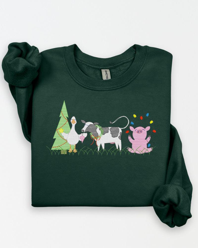 Farm Animal Christmas Sweatshirt – Embroidered Cow Pig Goose Holiday Crewneck – Cozy Farmhouse Christmas Sweater Gift