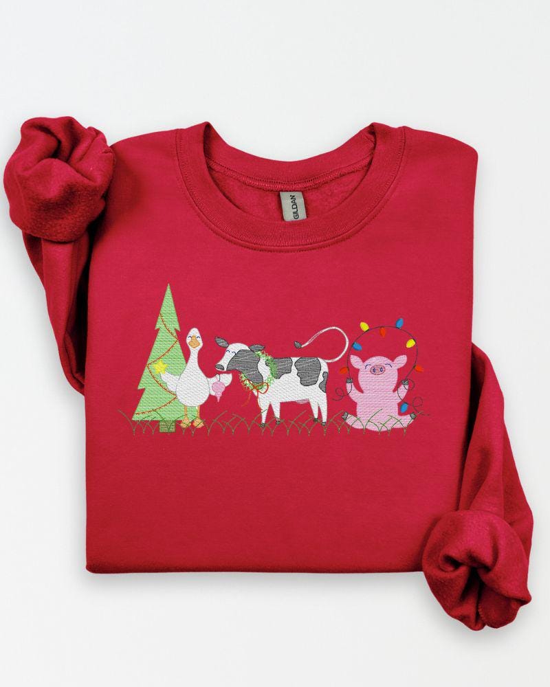 Farm Animal Christmas Sweatshirt – Embroidered Cow Pig Goose Holiday Crewneck – Cozy Farmhouse Christmas Sweater Gift