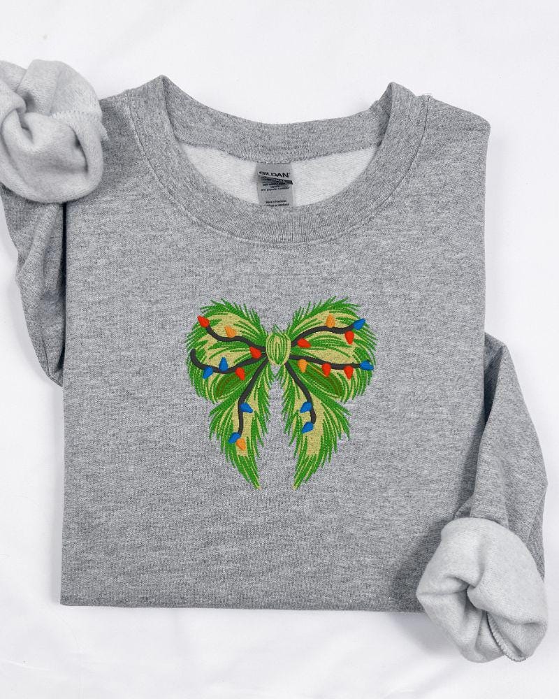 Grinchmas Bow with Lights Sweatshirt – Embroidered Holiday Crewneck – Cozy Style Sweater Gift