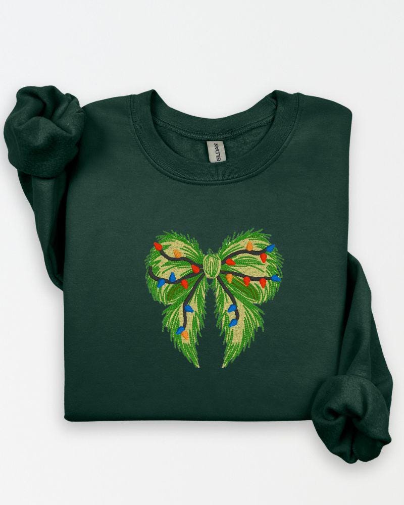 Grinchmas Bow with Lights Sweatshirt – Embroidered Holiday Crewneck – Cozy Style Sweater Gift