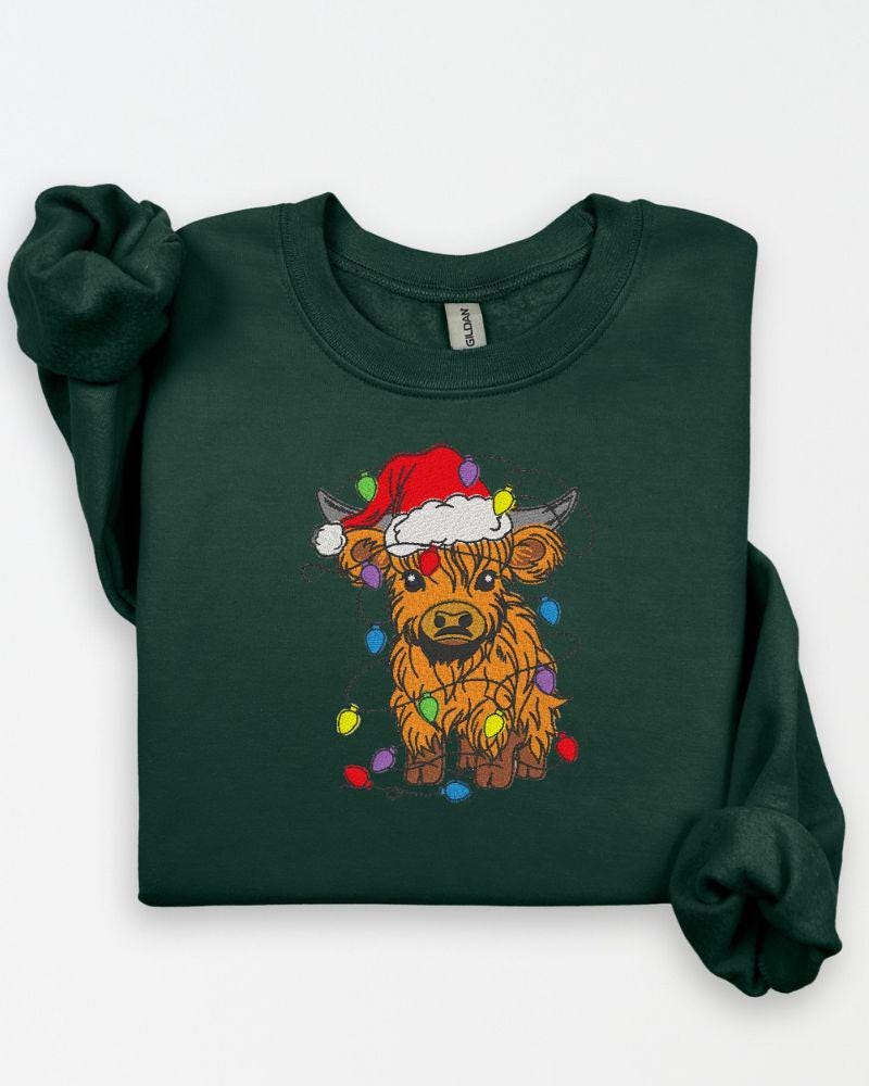 Highland Cow Christmas Sweatshirt – Embroidered Santa Hat Holiday Crewneck – Cozy Farmhouse Animal Lover Sweater Gift