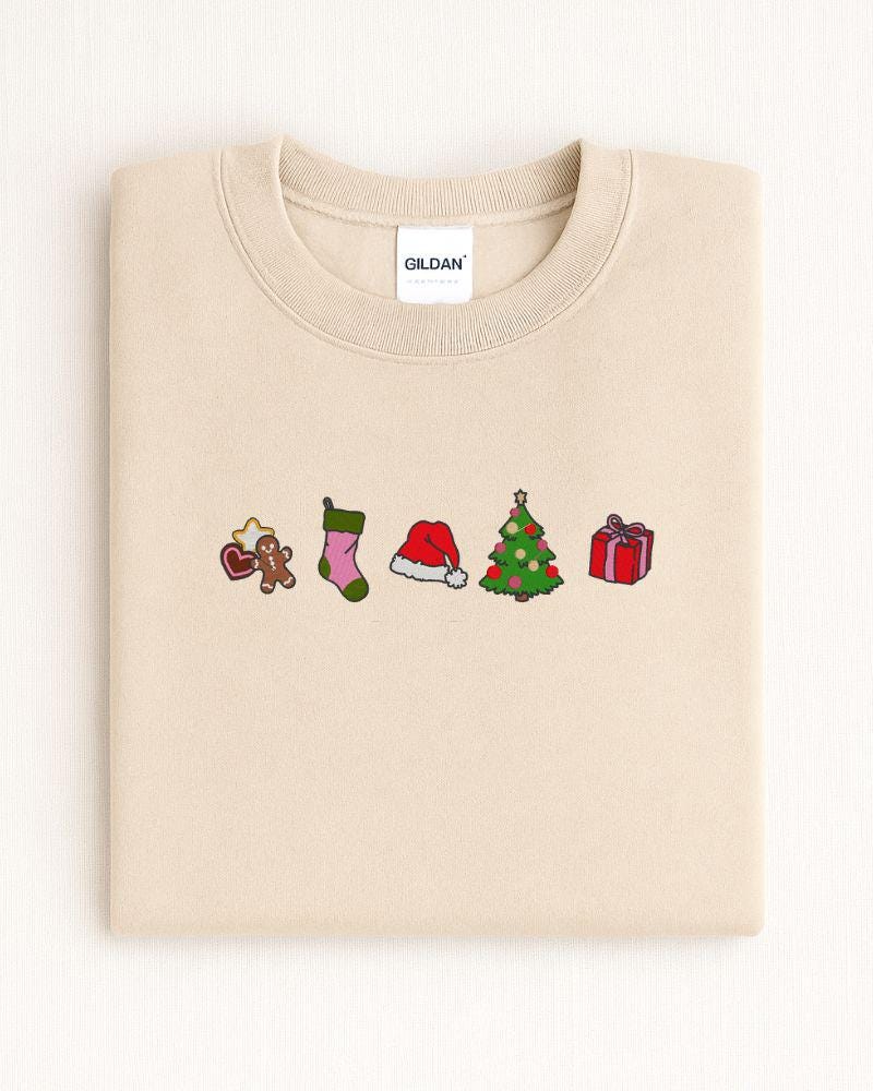Christmas Classic Icons Embroidered Sweatshirt – Gingerbread Stocking Santa Hat Tree Gift Crewneck – Cozy Holiday Sweater Gift
