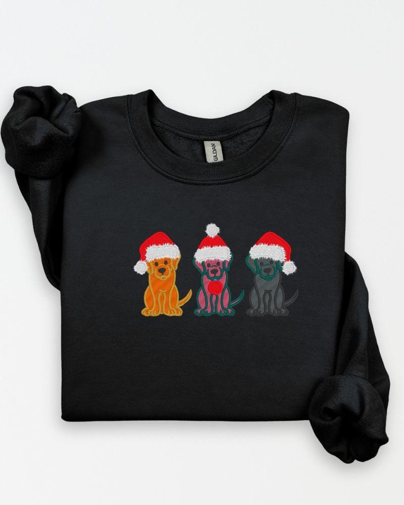 Christmas Dogs Sweatshirt – Embroidered Trio of Santa Hat Labs – Cozy Holiday Crewneck for Dog Lovers & Pet Parents