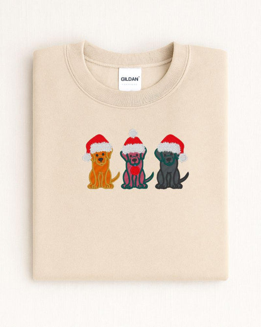 Christmas Dogs Sweatshirt – Embroidered Trio of Santa Hat Labs – Cozy Holiday Crewneck for Dog Lovers & Pet Parents