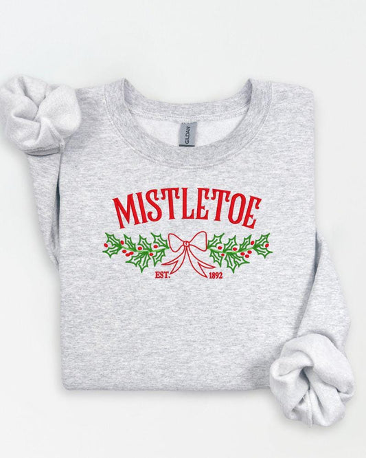 Mistletoe Christmas Sweatshirt – Embroidered Holiday Bow & Greenery Crewneck – Cozy Farmhouse Holiday Sweater Gift