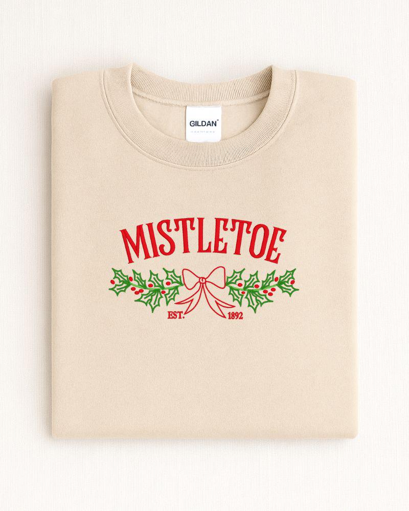 Mistletoe Christmas Sweatshirt – Embroidered Holiday Bow & Greenery Crewneck – Cozy Farmhouse Holiday Sweater Gift