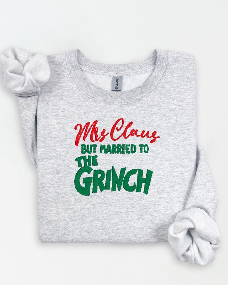 Funny Christmas Couples Sweatshirt – Embroidered Mrs. Claus Grinchy Husband Holiday Crewneck – Cozy Festive Sweater Gift with Playful Twist