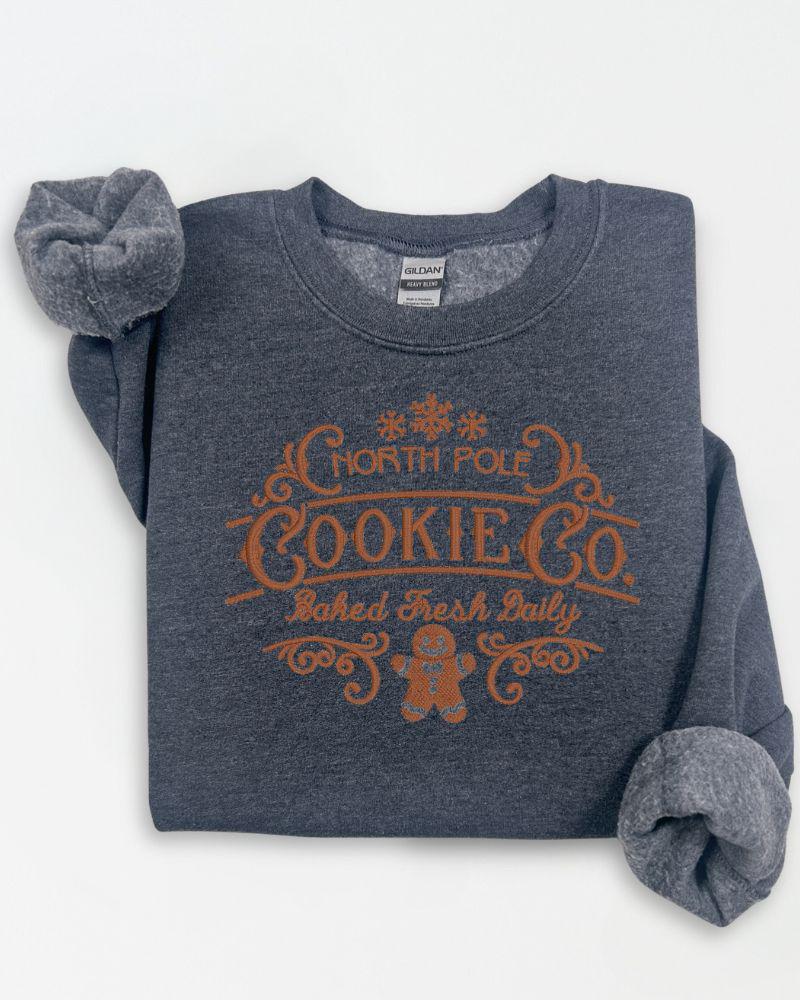North Pole Cookie Co. Christmas Sweatshirt – Embroidered Gingerbread Holiday Crewneck – Cozy Rustic Farmhouse Style Sweater Gift