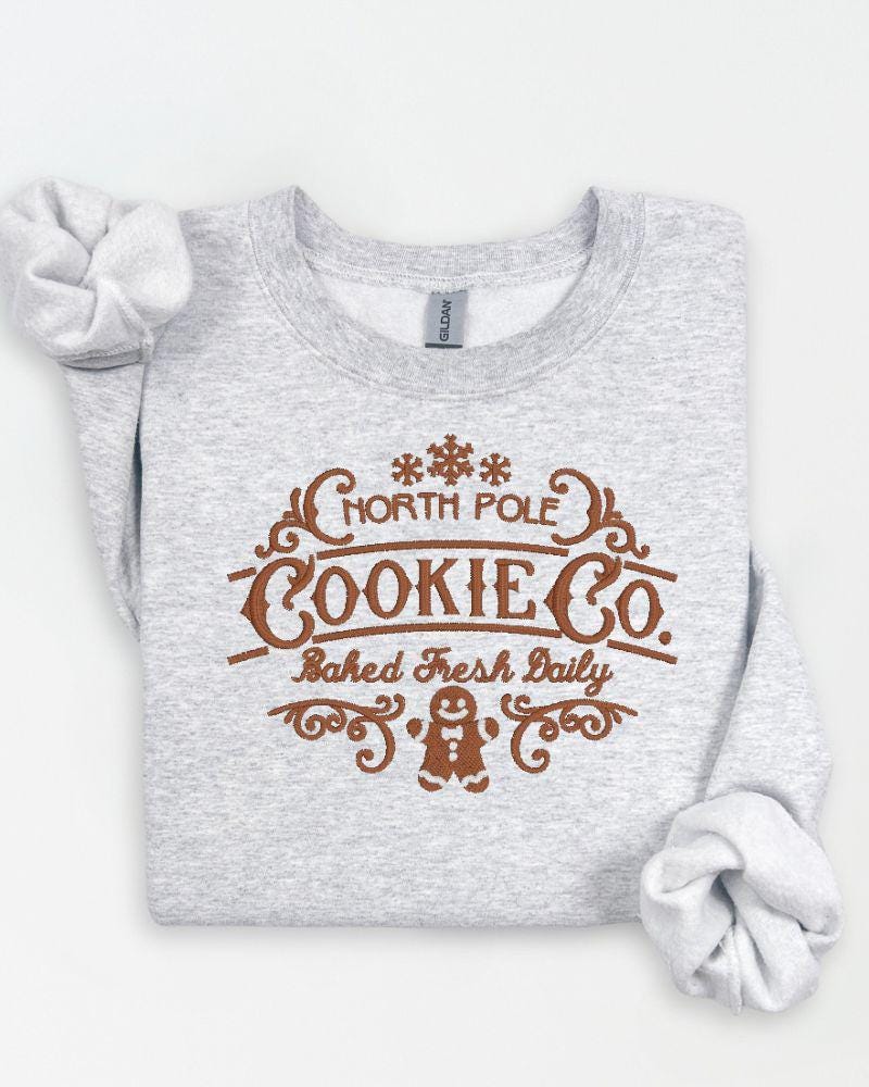 North Pole Cookie Co. Christmas Sweatshirt – Embroidered Gingerbread Holiday Crewneck – Cozy Rustic Farmhouse Style Sweater Gift
