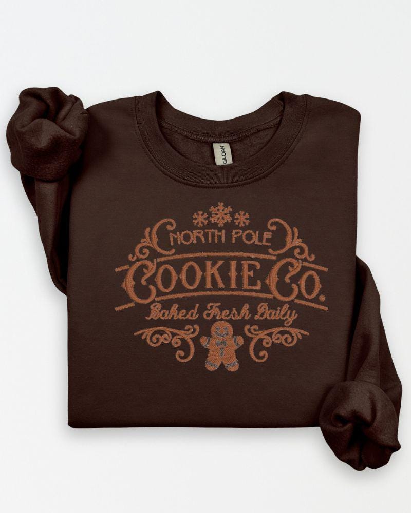 North Pole Cookie Co. Christmas Sweatshirt – Embroidered Gingerbread Holiday Crewneck – Cozy Rustic Farmhouse Style Sweater Gift