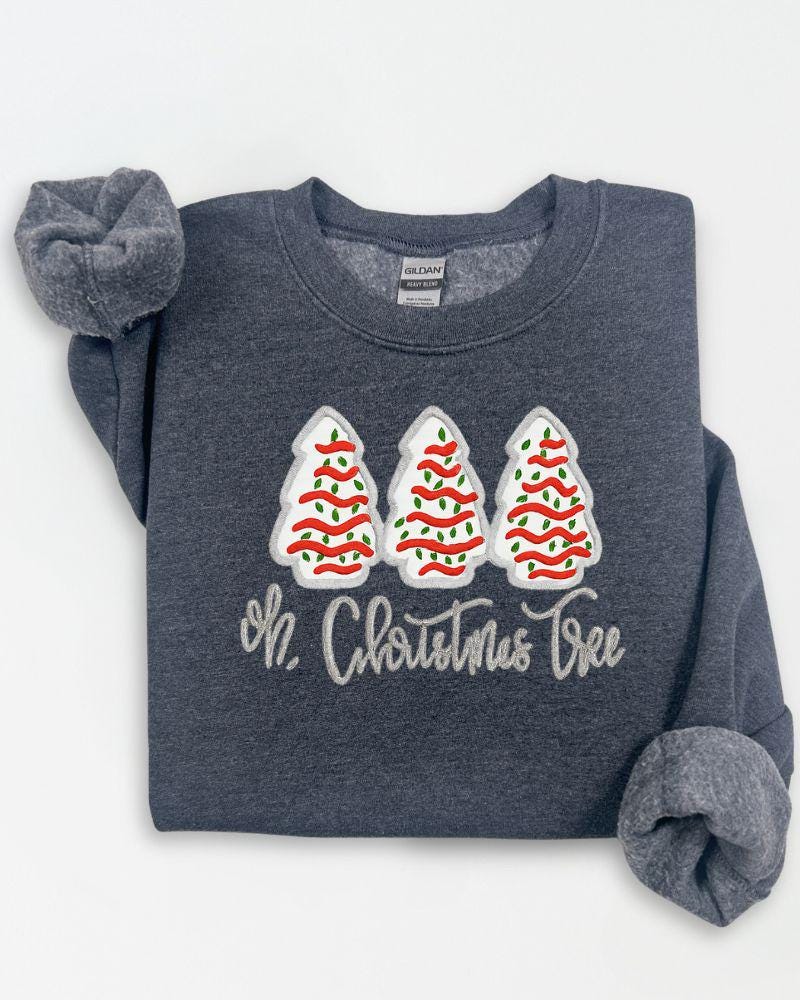 Oh Christmas Tree Sweatshirt – Embroidered Holiday Crewneck with Christmas Cakes – Cozy Unisex Christmas Sweater Gift