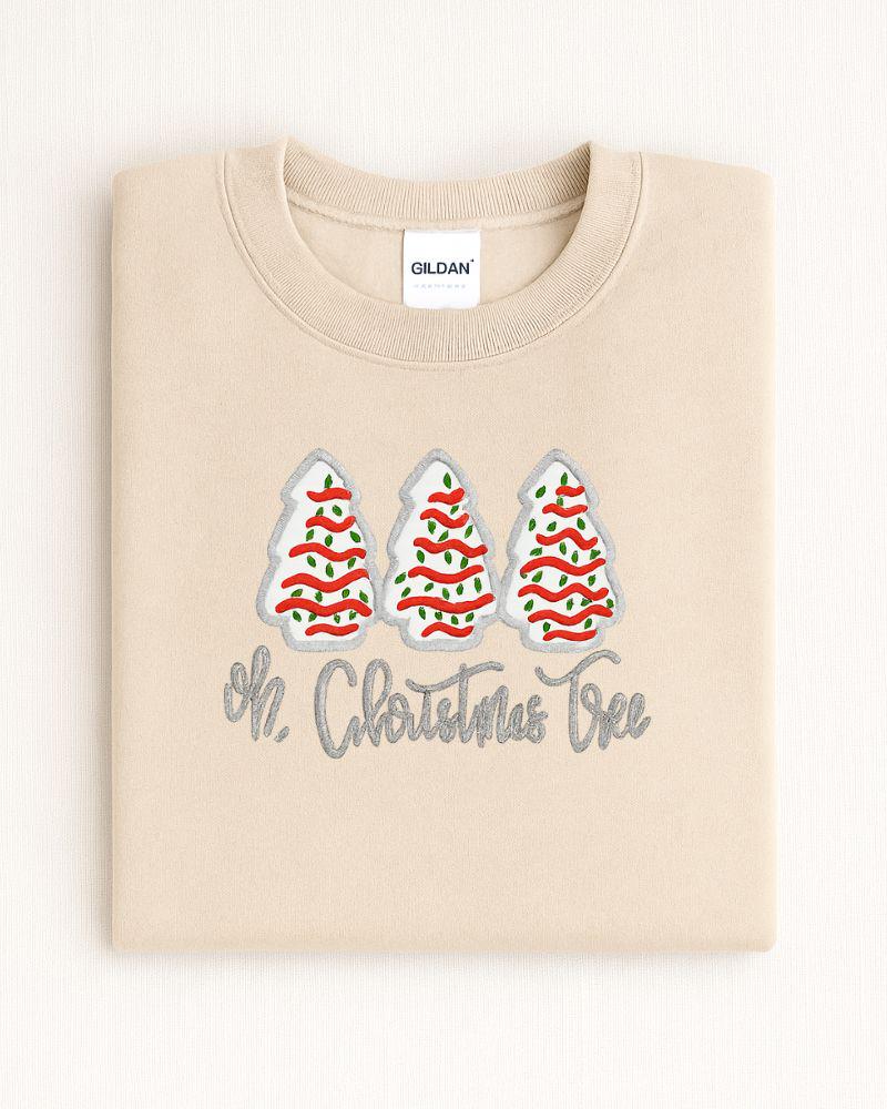 Oh Christmas Tree Sweatshirt – Embroidered Holiday Crewneck with Christmas Cakes – Cozy Unisex Christmas Sweater Gift