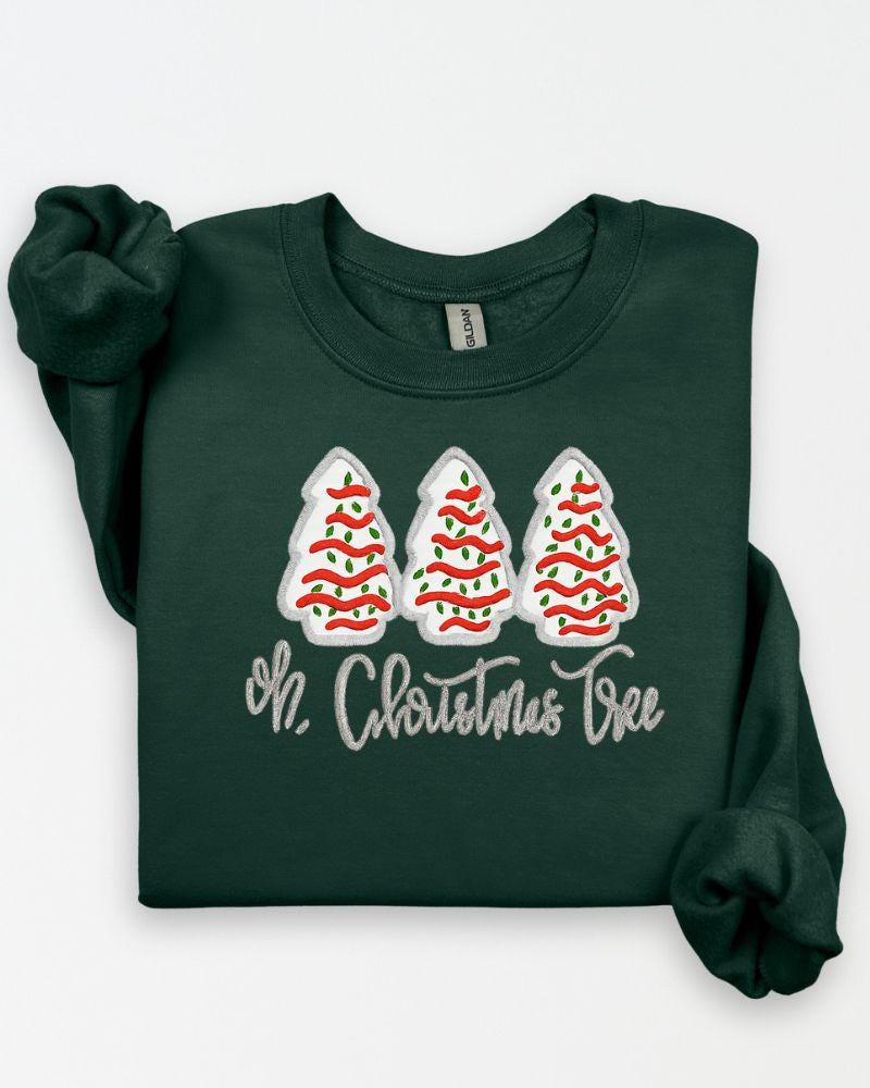 Oh Christmas Tree Sweatshirt – Embroidered Holiday Crewneck with Christmas Cakes – Cozy Unisex Christmas Sweater Gift
