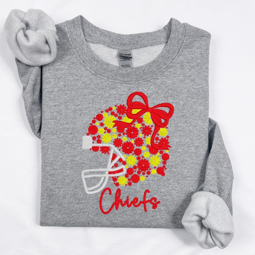 Red Gold Floral Football Embroidered Sweatshirt | Cozy Game Day Crewneck | Red & Yellow Football Fan Apparel | Fall Winter Outfit