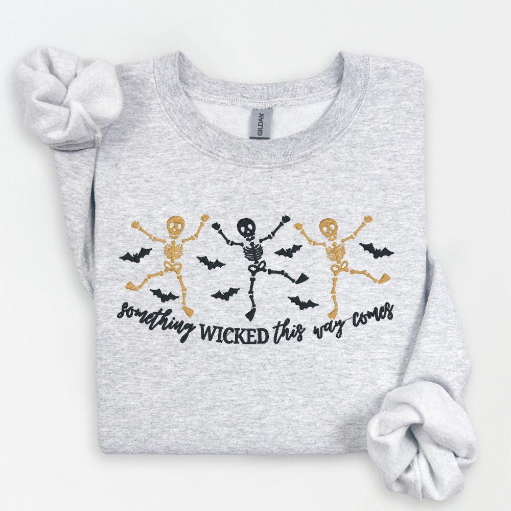 Skeleton Dance Embroidered Halloween Sweatshirt | Spooky Fall Crewneck | Retro Witches Night Pullover | Cozy Autumn Outfit