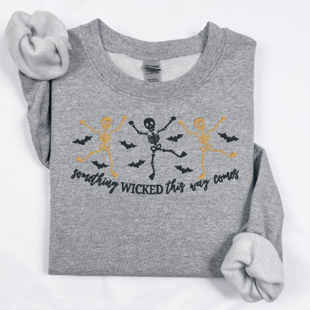 Skeleton Dance Embroidered Halloween Sweatshirt | Spooky Fall Crewneck | Retro Witches Night Pullover | Cozy Autumn Outfit