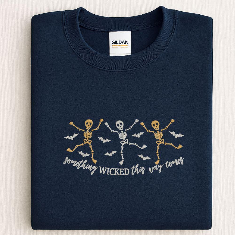 Skeleton Dance Embroidered Halloween Sweatshirt | Spooky Fall Crewneck | Retro Witches Night Pullover | Cozy Autumn Outfit