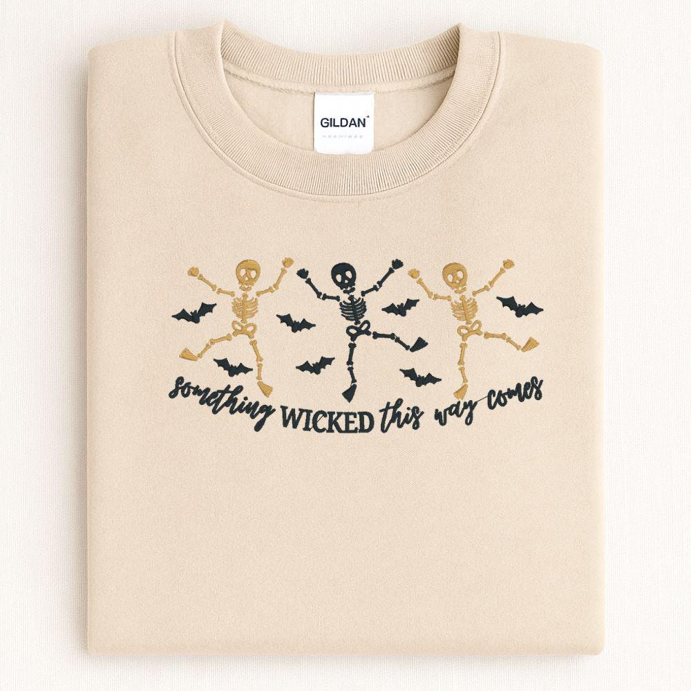 Skeleton Dance Embroidered Halloween Sweatshirt | Spooky Fall Crewneck | Retro Witches Night Pullover | Cozy Autumn Outfit