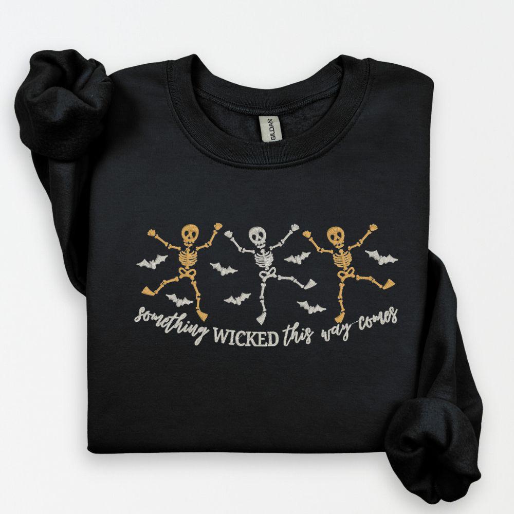 Skeleton Dance Embroidered Halloween Sweatshirt | Spooky Fall Crewneck | Retro Witches Night Pullover | Cozy Autumn Outfit