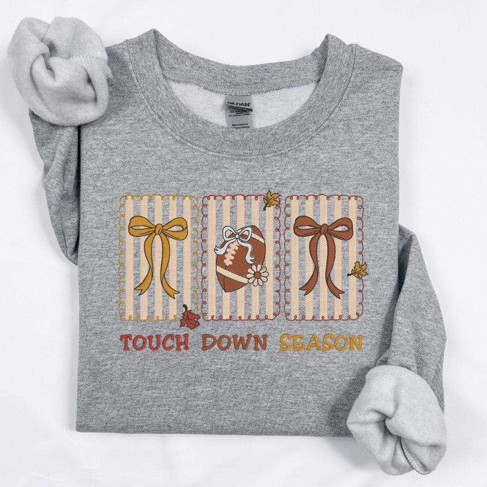 Touch Down Season Embroidered Sweatshirt | Fall Football Crewneck | Cozy Autumn Game Day Pullover | Football Mom Gift | Tailgate Outfit