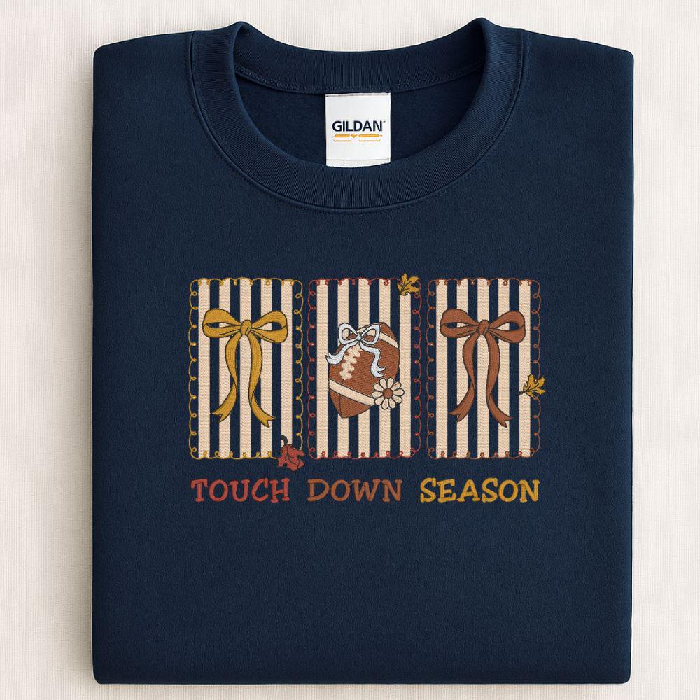 Touch Down Season Embroidered Sweatshirt | Fall Football Crewneck | Cozy Autumn Game Day Pullover | Football Mom Gift | Tailgate Outfit