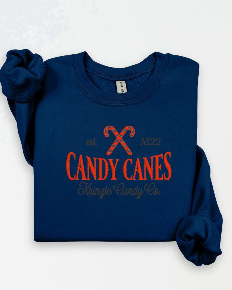 Candy Cane Kringle Candy Co. Embroidered Sweatshirt – Festive Holiday Crewneck-Cute Cozy Xmas Pullover-Winter Outfit Gift