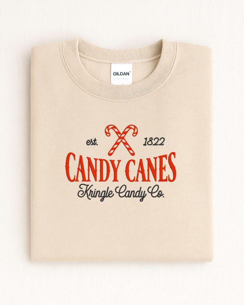Candy Cane Kringle Candy Co. Embroidered Sweatshirt – Festive Holiday Crewneck-Cute Cozy Xmas Pullover-Winter Outfit Gift