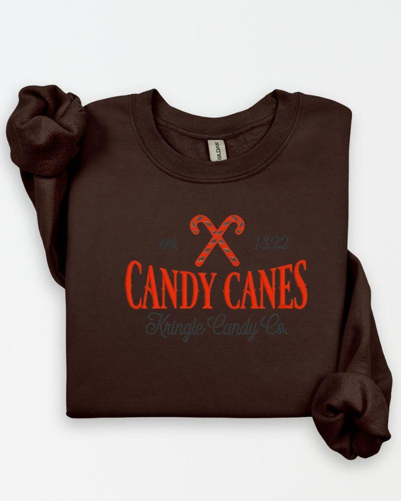 Candy Cane Kringle Candy Co. Embroidered Sweatshirt – Festive Holiday Crewneck-Cute Cozy Xmas Pullover-Winter Outfit Gift