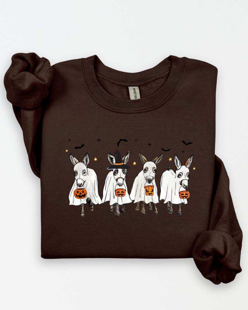 Halloween Donkey Sweatshirt –DTG Ghost & Pumpkin Donkeys – Cozy Unisex Fall Crewneck Sweater Gift for Animal Lovers