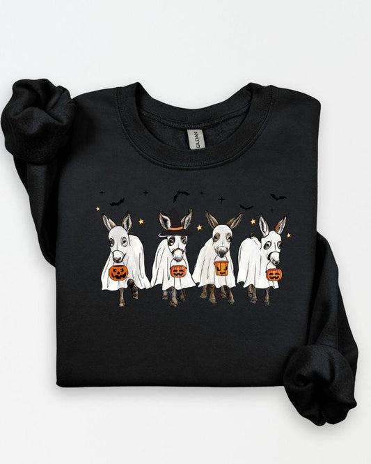 Halloween Donkey Sweatshirt –DTG Ghost & Pumpkin Donkeys – Cozy Unisex Fall Crewneck Sweater Gift for Animal Lovers