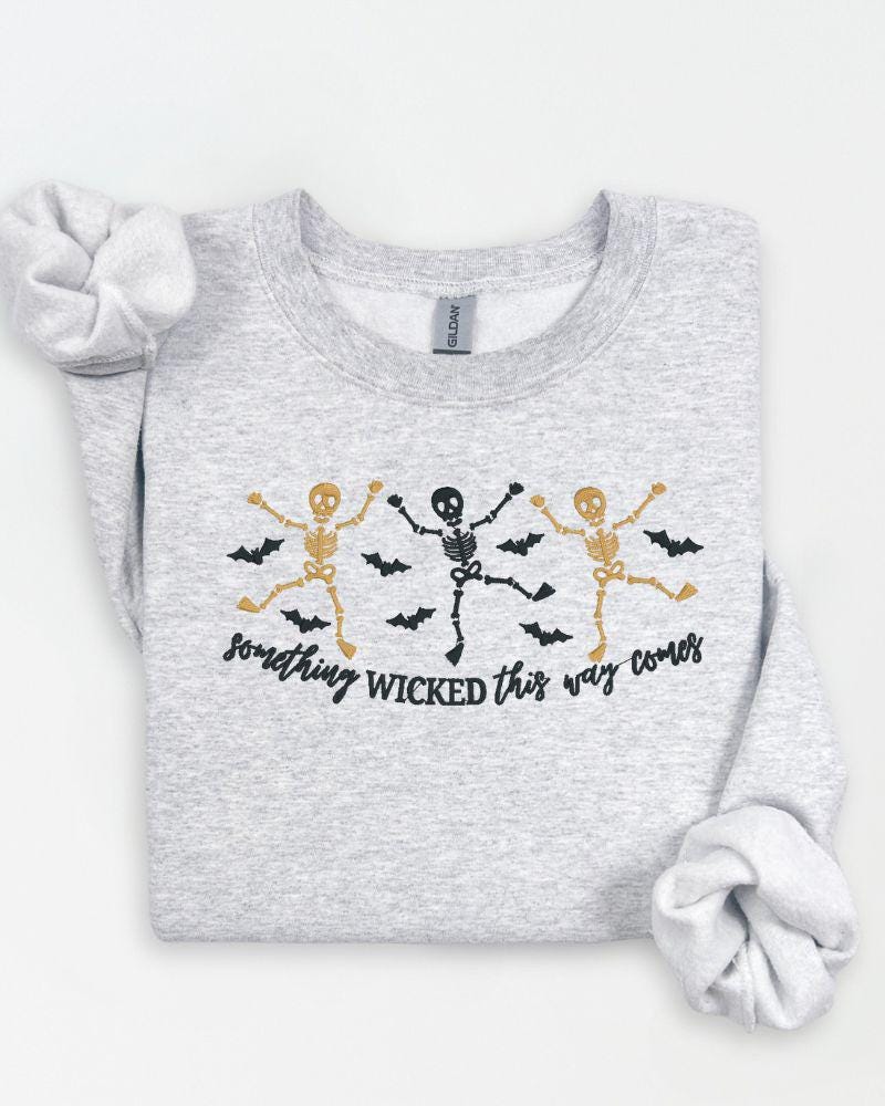 Halloween Skeleton Embroidered Sweatshirt – Spooky Dancing Skeletons & Bats – Cozy Fall Crewneck Sweater Unisex
