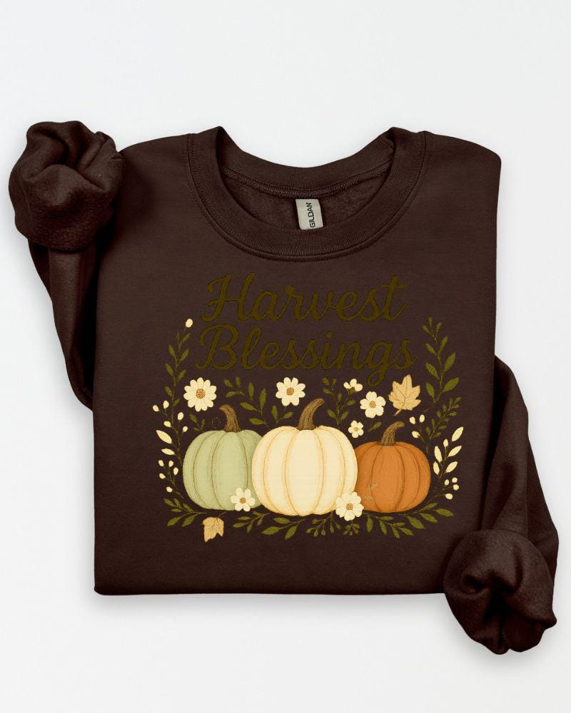 Harvest Blessings Fall Sweatshirt Thanksgiving Pumpkin Pullover | Cozy Autumn Outfit | Fall Gift | DTG Printed Crewneck |