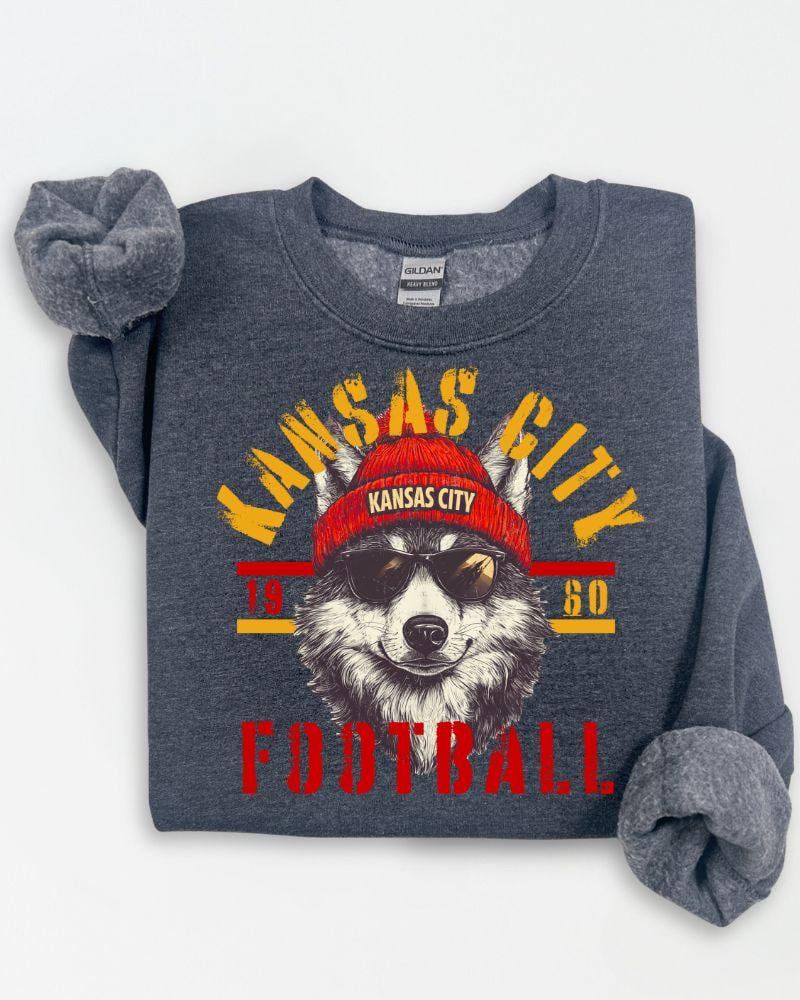 Vintage Style KC Football Fan Sweatshirt | DTG Retro Wolf Graphic Crewneck | Game Day Tailgate Pullover | Unisex Sports Lover Sweater