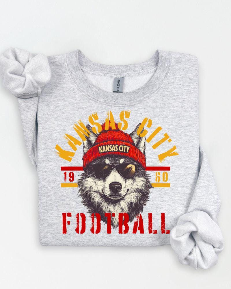 Vintage Style KC Football Fan Sweatshirt | DTG Retro Wolf Graphic Crewneck | Game Day Tailgate Pullover | Unisex Sports Lover Sweater