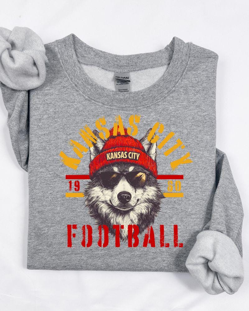Vintage Style KC Football Fan Sweatshirt | DTG Retro Wolf Graphic Crewneck | Game Day Tailgate Pullover | Unisex Sports Lover Sweater