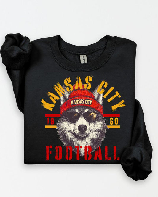 Vintage Style KC Football Fan Sweatshirt | DTG Retro Wolf Graphic Crewneck | Game Day Tailgate Pullover | Unisex Sports Lover Sweater