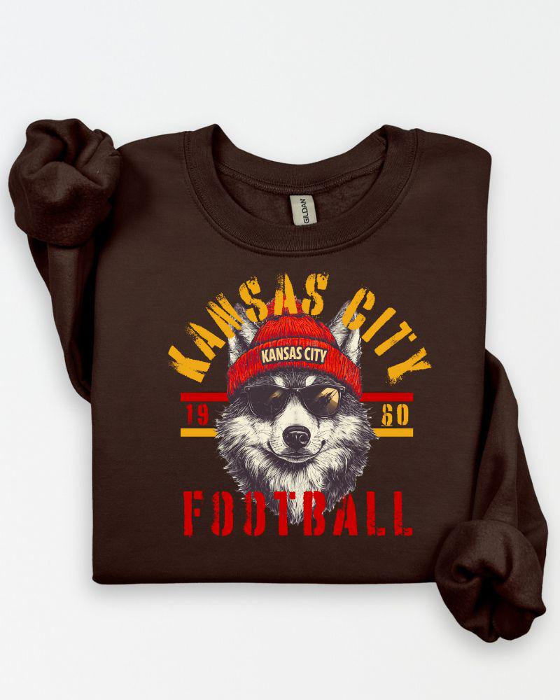 Vintage Style KC Football Fan Sweatshirt | DTG Retro Wolf Graphic Crewneck | Game Day Tailgate Pullover | Unisex Sports Lover Sweater