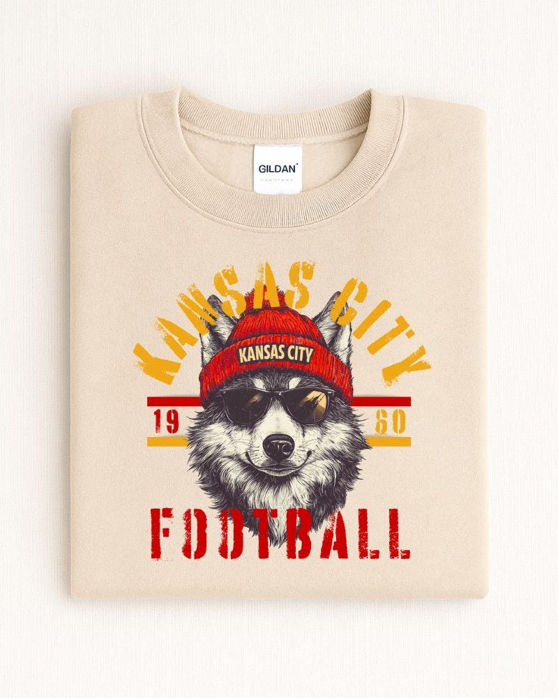 Vintage Style KC Football Fan Sweatshirt | DTG Retro Wolf Graphic Crewneck | Game Day Tailgate Pullover | Unisex Sports Lover Sweater