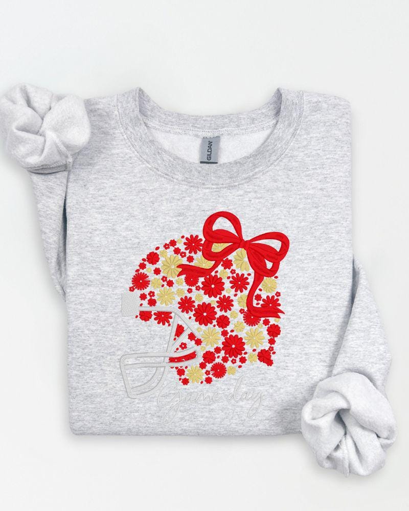 Customizable Game Day Embroidered Sweatshirt | Football Crewneck | Floral Bow Embroidery Pullover | Fall Sports Fan Sweater