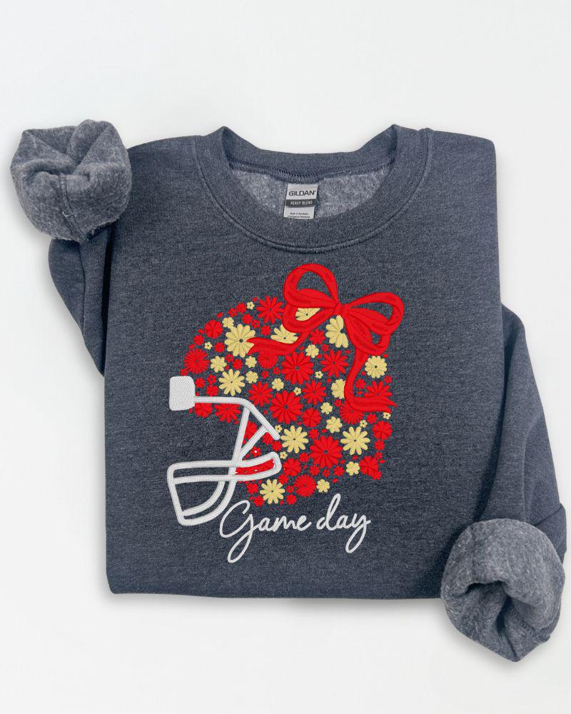 Customizable Game Day Embroidered Sweatshirt | Football Crewneck | Floral Bow Embroidery Pullover | Fall Sports Fan Sweater
