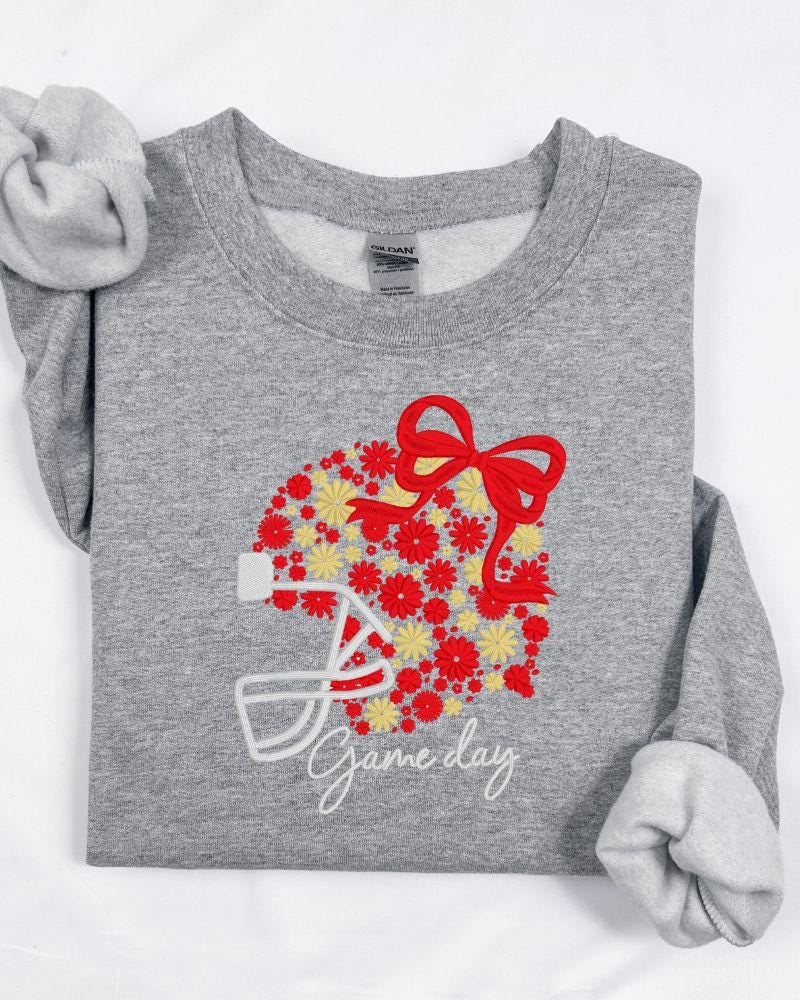 Customizable Game Day Embroidered Sweatshirt | Football Crewneck | Floral Bow Embroidery Pullover | Fall Sports Fan Sweater