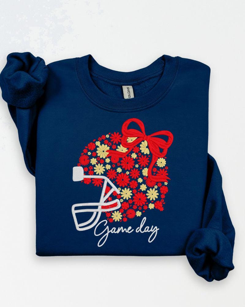 Customizable Game Day Embroidered Sweatshirt | Football Crewneck | Floral Bow Embroidery Pullover | Fall Sports Fan Sweater