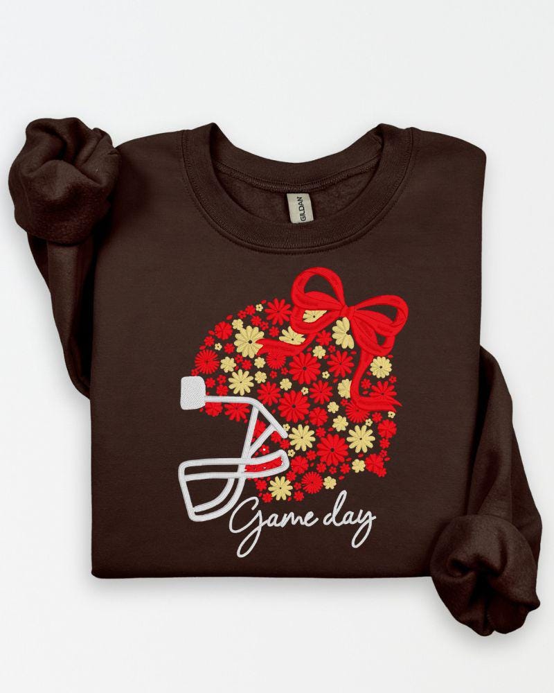 Customizable Game Day Embroidered Sweatshirt | Football Crewneck | Floral Bow Embroidery Pullover | Fall Sports Fan Sweater