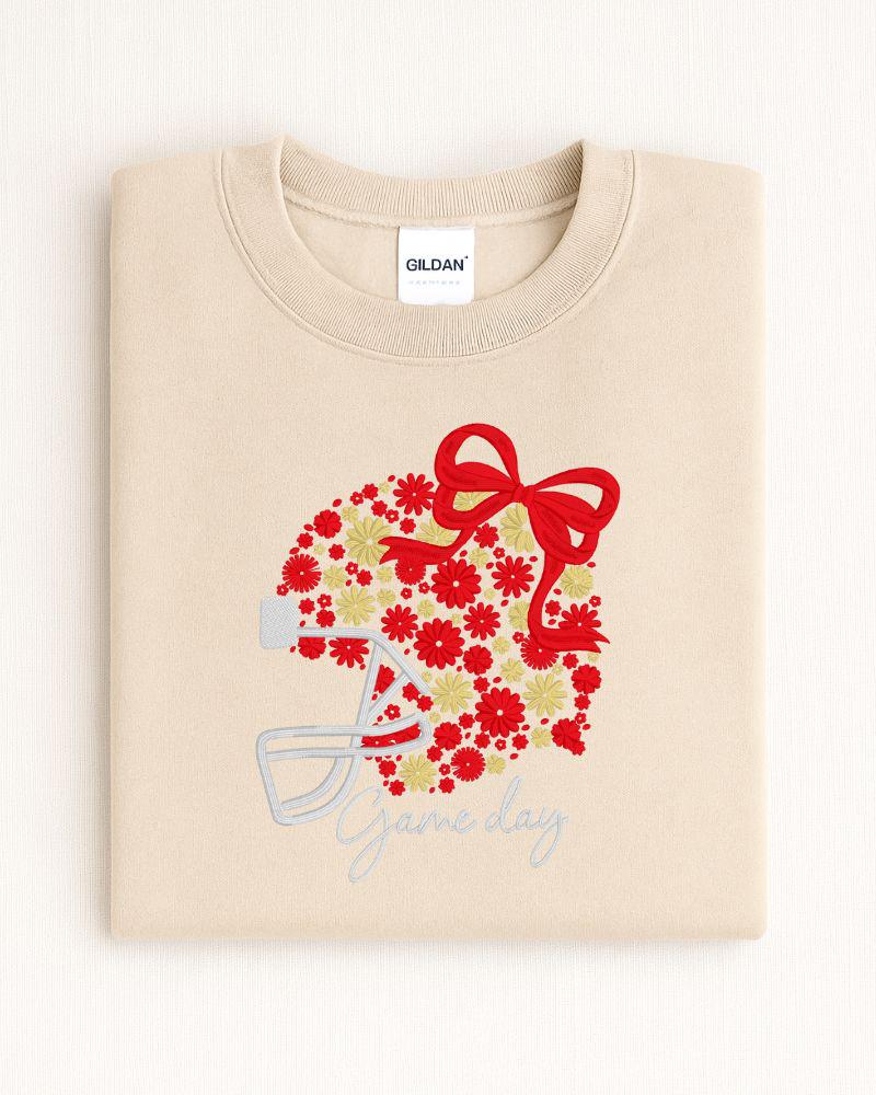 Customizable Game Day Embroidered Sweatshirt | Football Crewneck | Floral Bow Embroidery Pullover | Fall Sports Fan Sweater