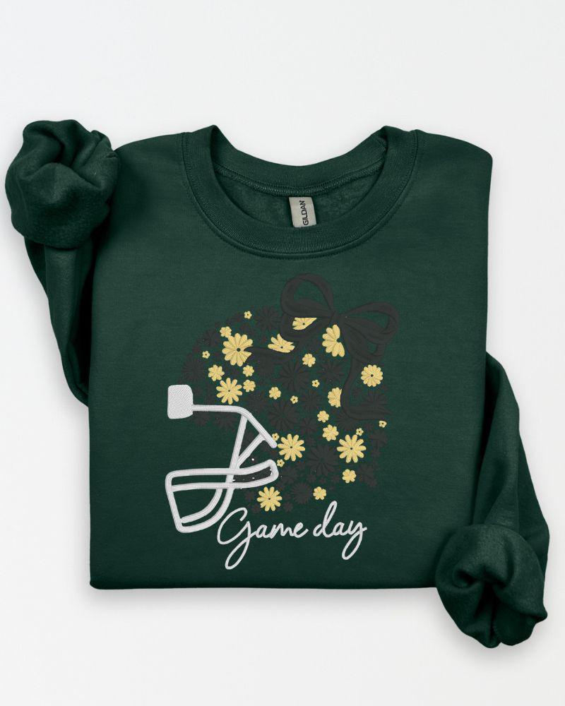 Customizable Game Day Embroidered Sweatshirt | Football Crewneck | Floral Bow Embroidery Pullover | Fall Sports Fan Sweater