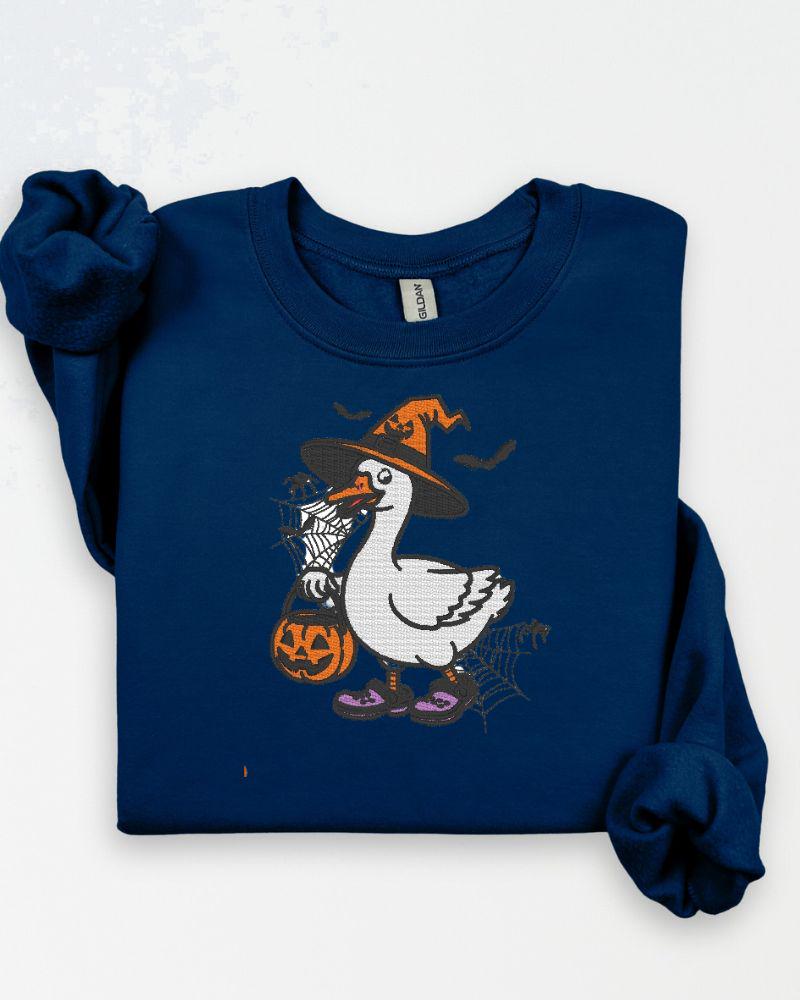 Halloween Goose Embroidered Sweatshirt | Witch Goose Crewneck | Spooky Fall Pullover | Cute Autumn Embroidery Sweater