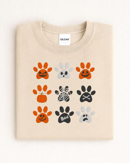 Halloween Embroidered Paw Print Sweatshirt – Cute Fall Dog Lover Shirt, Spooky Pumpkin & Ghost Design, Unisex Cozy Autumn Crewneck