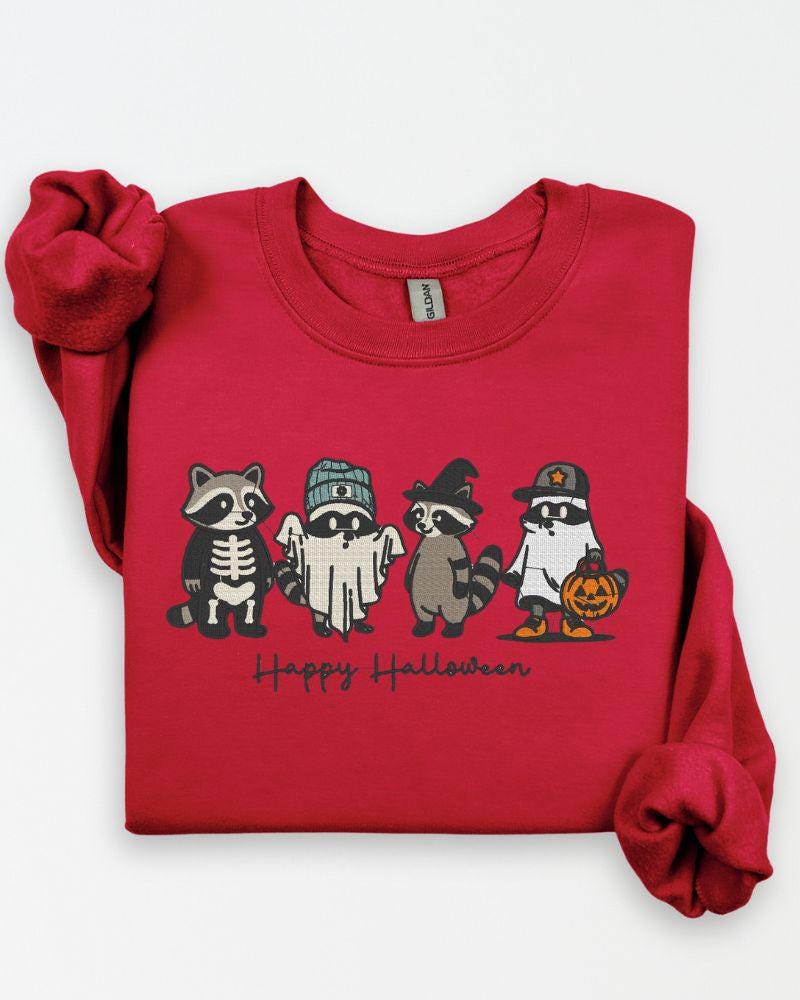 Happy Halloween Raccoon Sweatshirt – Embroidered Cute Fall Crewneck, Cozy Autumn Sweater for Animal Lovers, Spooky Season Unisex Top