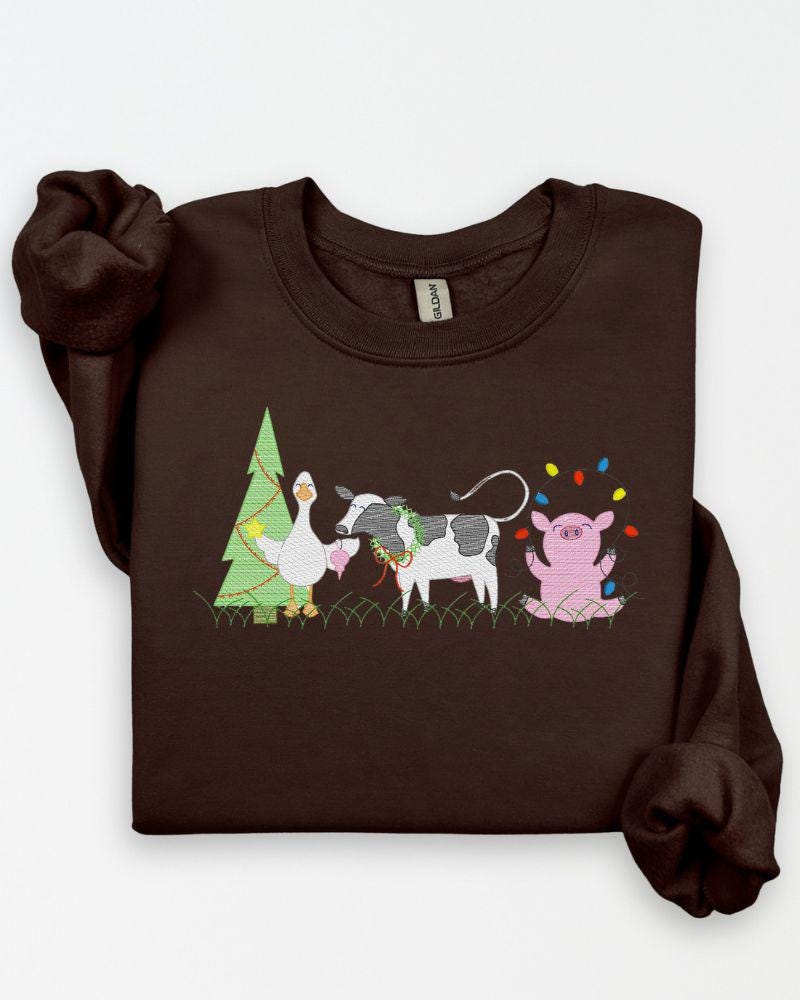Farm Animal Christmas Sweatshirt – Embroidered Cow Pig Goose Holiday Crewneck – Cozy Farmhouse Christmas Sweater Gift