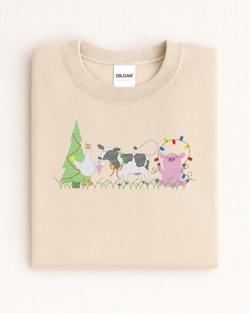 Farm Animal Christmas Sweatshirt – Embroidered Cow Pig Goose Holiday Crewneck – Cozy Farmhouse Christmas Sweater Gift